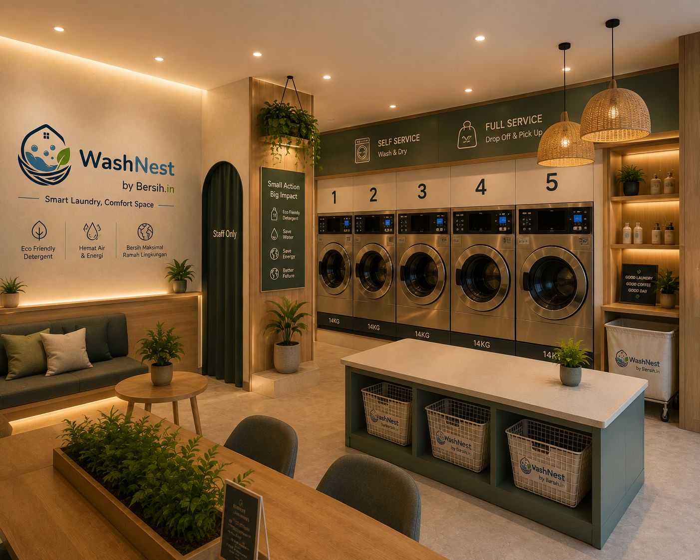 Interior WashNest — ruang laundry modern dengan 5 mesin premium, work table, dan branding di dinding